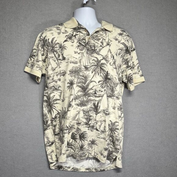 Caribbean Joe Other - Caribbean Joe Hawaiian Polo Shirt L Large Cream Grey Gray Floral Palm Trees
